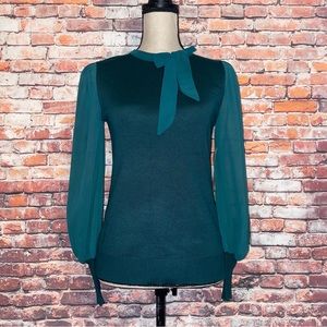 Green Sheer Sleeve Bow Neck Sweater